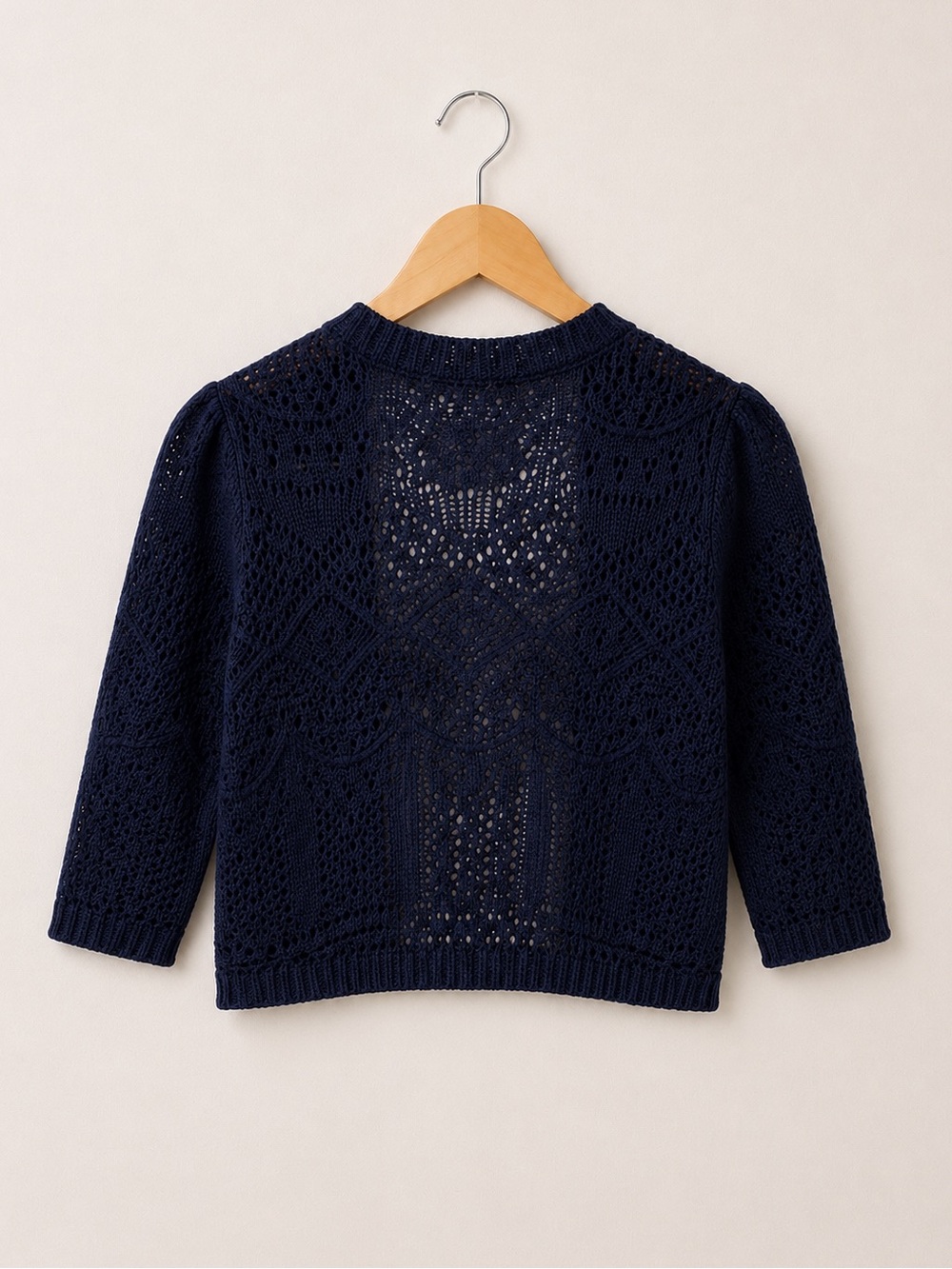 JM Collection Petite Navy Blue Crochet Open-Front Cropped 3/4 Sleeve Cardigan - Picture 2 of 4